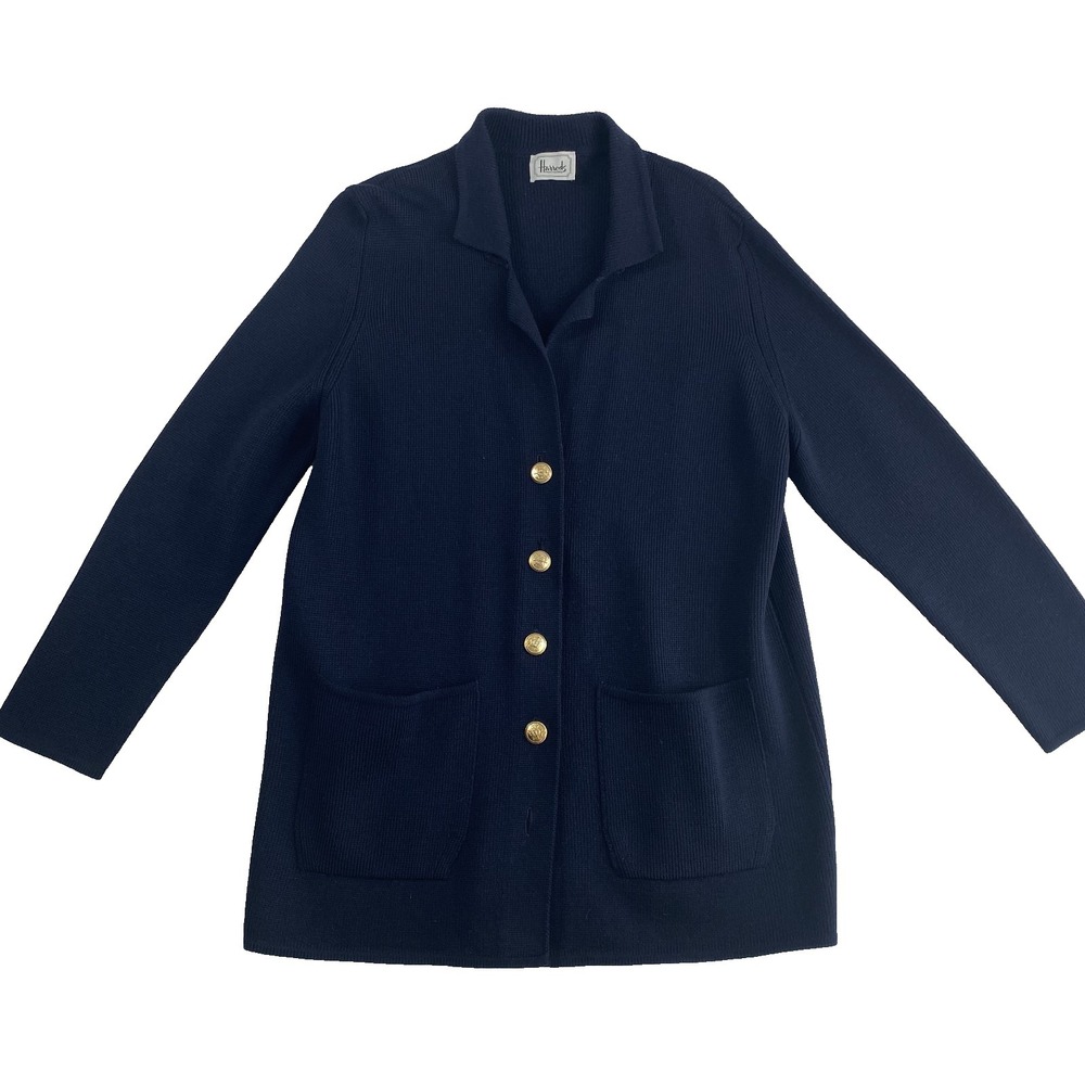 Harrods Knit Sweater Cardigan Sz M Blue 100% Wool London Luxury SEE NOTE